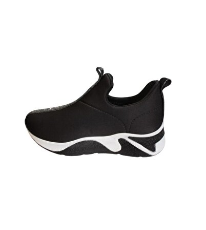 YAZKIŞ Kadın Siyah Streç Kumaş Üzeri Taş Şeritli Comfort 5cm Kalın Taban Fashıon Spor ayakkabı
