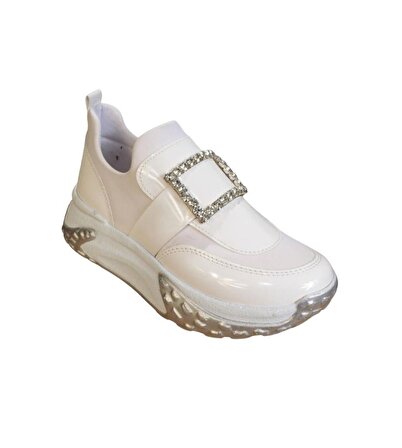 YAZKIŞ Kadın Beyaz Cilt Üzeri Taş Tokalı Streç Kumaş 5cm Kalın Taban Fashıon Spor Ayakkabı