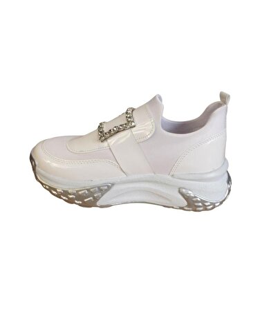 YAZKIŞ Kadın Beyaz Cilt Üzeri Taş Tokalı Streç Kumaş 5cm Kalın Taban Fashıon Spor Ayakkabı