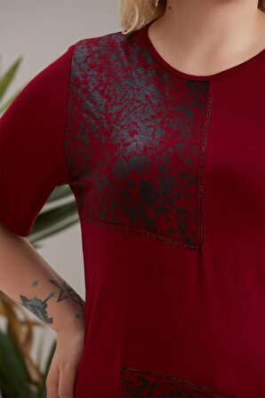 Wearon Kadın Algül Kısa Kol Deri Detaylı Taşlı Penye Bordo Tişört