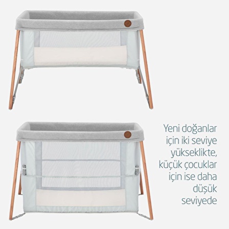 Maxi Cosi Iris 2 'si Bir Arada Anne Yanı Beşik ve Taşınabilir Çift Katlı Park Yatak Beyond Grey Eco