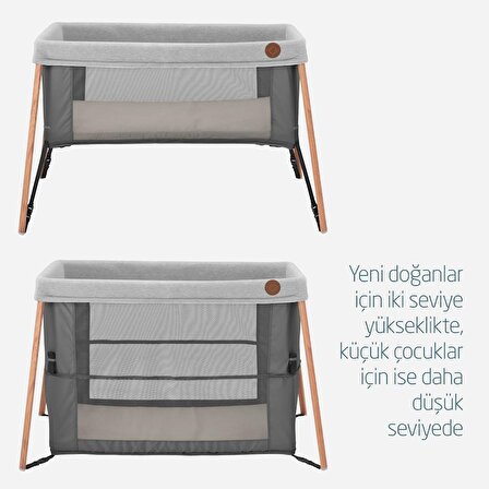 Maxi Cosi Iris 2 'si Bir Arada Anne Yanı Beşik ve Taşınabilir Çift Katlı Park Yatak Beyond Graphite Eco