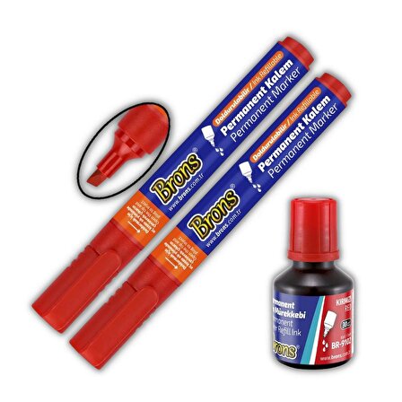 Kırmızı Markör Kesik Uç Keçeli Kalem Permanent Doldurulabilir 2 Adet ve Mürekkep 30 ml 1 Adet