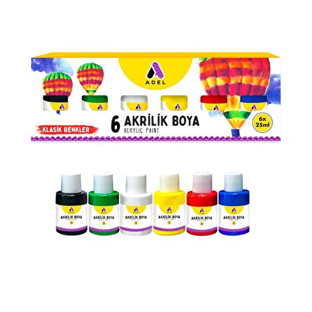 Akrilik Boya Klasik Ana Renkler 6 Renk (6x25 ml) 1 Paket Adel Akrilik Boya Ana Renkler 6*25 ml 1 Paket