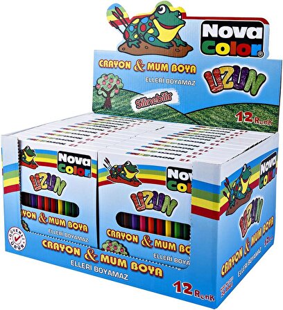Uzun Mum Boya 12 Renk Karton Kutu 12 Renk Crayon 1 Adet Novacolor Uzun Altıgen Mum Boya 12 Renk