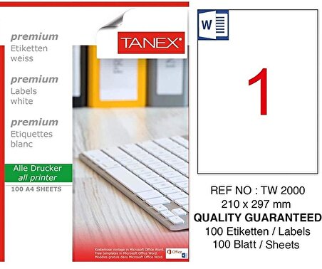 Bilgisayar Etiketi Tw-2000 210x297 mm 100 Lü Lazer Etiket 1 Paket Tanex Davetiye Kargo Etiketi