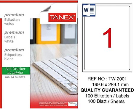 Bilgisayar Etiketi Tw-2001 199.60x289.10 mm 100 Lü Lazer Etiket 1 Paket Tanex Davetiye Kargo Etiketi