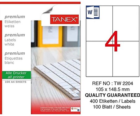 Bilgisayar Etiketi Tw-2204 105x148,50 mm 100 Lü Lazer Etiket 1 Paket Tanex Davetiye Kargo Etiketi
