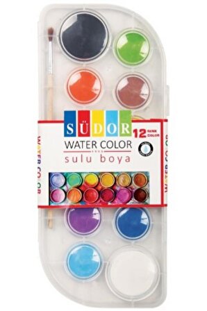 Sulu Boya 12 Renkli Orta Boy Südor Fırça Hediyeli Şeffaf Plastik Kutu 1 Adet
