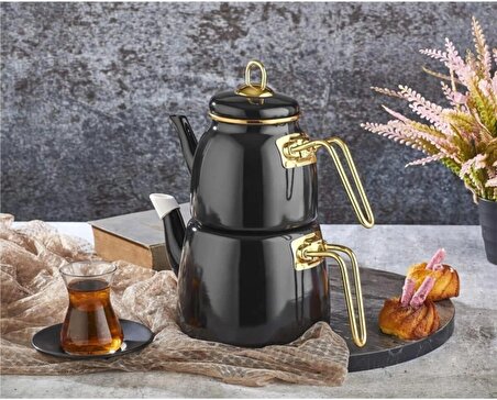 Emaye Çaydanlık Çay Seti Yılbaşı Çaycı Siyah