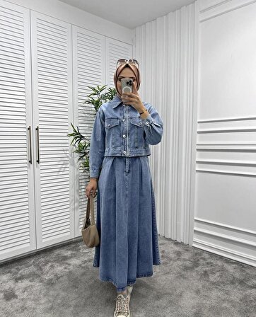 Denim Etekli Fermuar Detaylı Takım Siyah