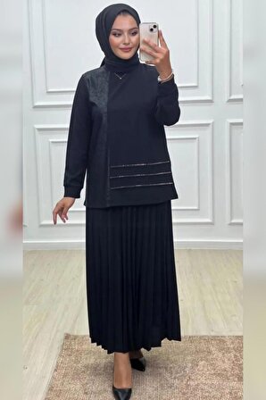 Elele Kadın Övgü Scuba Taşlı Baskılı Pilise Etek Bluz Takım Siyah