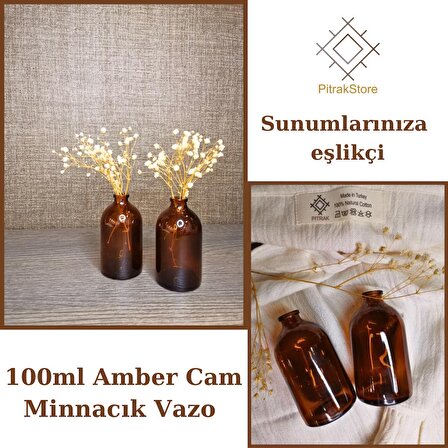 PıtrakStore 100Ml İkili Amber Kahverengi Mini Cam Şişe Süs Vazo Şoklanmış Çiçek'li