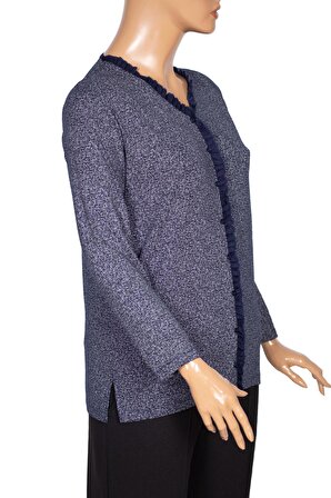 Cimariva Kadın Ülkü Büyük Beden Fırfırlı Kırçıllı Lacivert Bluz