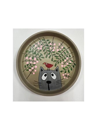 dekoratif el boyama kedili yuvarlak tabak