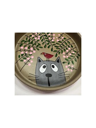 dekoratif el boyama kedili yuvarlak tabak