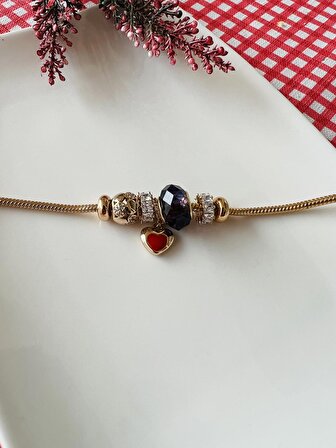 Özel Seri Mor Murano Cam Charm ve Kalp Charmlı Pandora Model Bileklik rosegold
