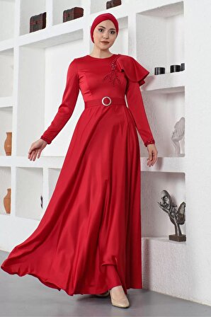 Omuz Detaylı Tesettür Abiye Elbise 701-Kırmızı