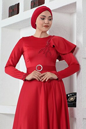 Omuz Detaylı Tesettür Abiye Elbise 701-Kırmızı