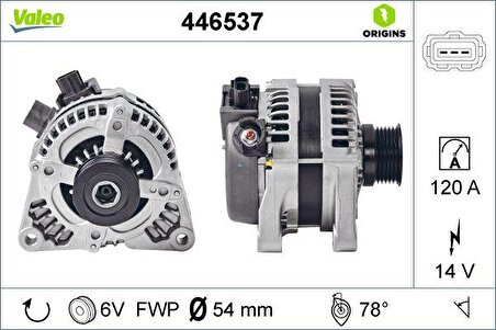 ALTERNATOR 12V 120A FIESTA V 04-08 FUSION 04-12 1.6TDCI 90PS FOCUS II 04-11 C MAX 03-11 1.6TDCI KUGA 2.0TDCI 10-12 VOLVO C30 06-12 C70 II 08- S40 II V50 04- 1.6D - 2.0D - VALEO 446537