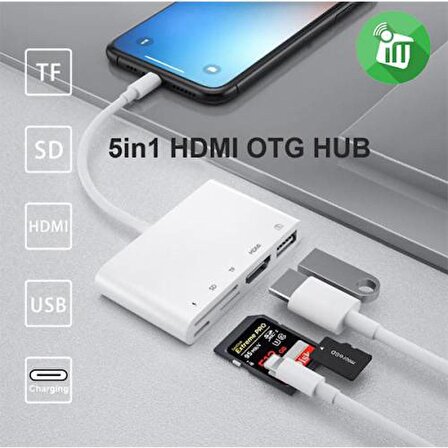 Polham Apple İpad ve İphone İçin Lightning 5in1 HDMI, OTG USB, TF, SD Kart Okuyucu Adaptör Kablosu