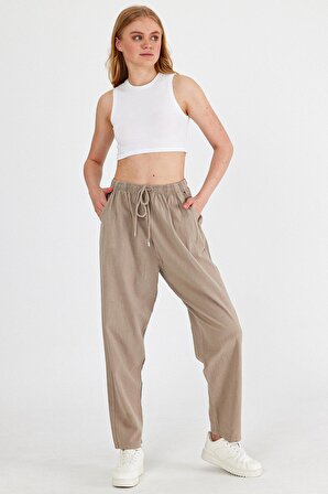 Kadın İnce Beli Lastikli Keten Görünümlü %100 Pamuk Pantolon W005