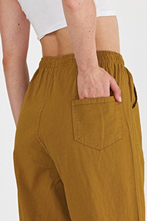 Kadın İnce Beli Lastikli Keten Görünümlü %100 Pamuk Pantolon W005