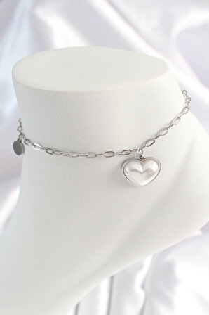 316L Çelik Gümüş Renk Zincir Model 3D Kalp Beyaz Kalp Figür Kadın HalHal - TJ-HH1529