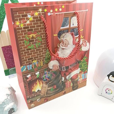 Karton Çanta 3D Yılbaşı Noel Baba ve Çuvalı Yeniyıl, Christmas Noel Çanta Hediyelik