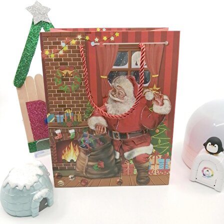Karton Çanta 3D Yılbaşı Noel Baba ve Çuvalı Yeniyıl, Christmas Noel Çanta Hediyelik