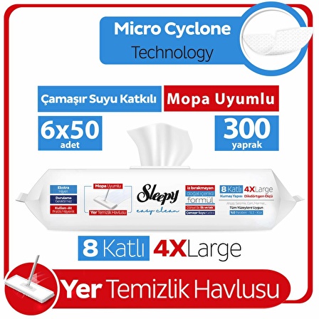 Sleepy Easy Clean Çamaşır Suyu Katkılı Mopa Uyumlu Yer Temizlik Havlusu 6x50 (300 Yaprak)