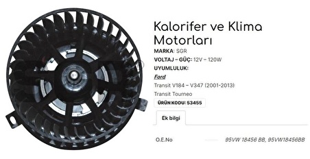 FORD TRANSİT V184 - V347 KALORİFER MOTORU 2001-2013 ARASI 95VW18456BB NS