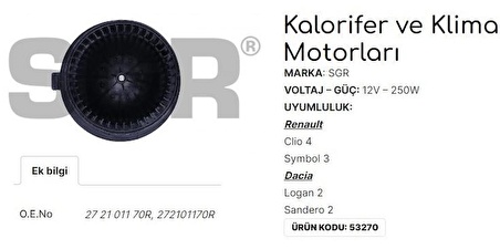 RENAULT Clio 4 - IV Kalorifer Motoru 272101170R SGR-53270 NS