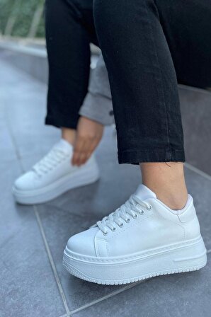 Bağcıklı Spor Ayakkabı Cilt Beyaz Topuk Boyu 4 Cm