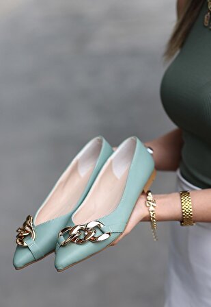 Zincirli Babet Ayakkabı Cilt Mint Yeşili Topuk Boyu 1 Cm