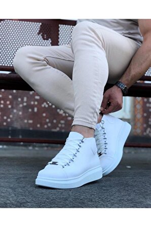 Bağcıklı Sneakers Yarım Bilek Bot Beyaz Topuk Boyu 3 Cm