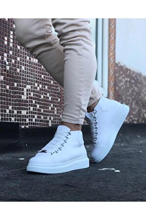 Bağcıklı Sneakers Yarım Bilek Bot Beyaz Topuk Boyu 3 Cm