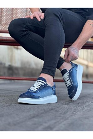 Erkek Casual Ayakkabı Kot Kumaş Koyu Mavi Topuk Boyu 3 Cm