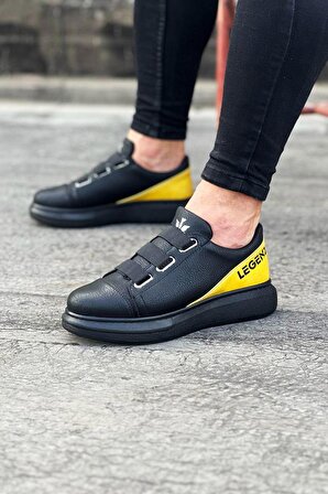 3 Bant Legend Kalın Taban Casual Erkek Ayakkabı Vegan Kömür Sarı Topuk Boyu 3 Cm