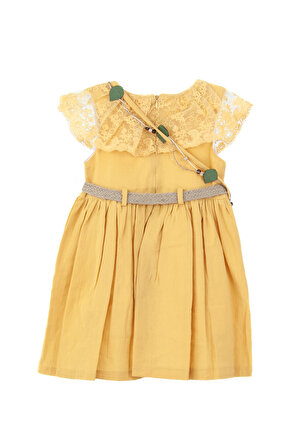 Oppland Kız Çocuk 5-6-7-8 Yaş Çantalı Kemerli Yuvarlak Yaka Astarlı Pilili Pamuk Kumaş Elbise