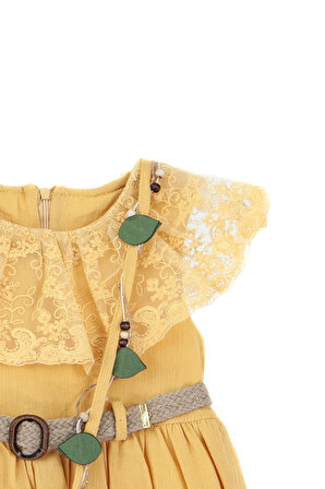 Oppland Kız Çocuk 5-6-7-8 Yaş Çantalı Kemerli Yuvarlak Yaka Astarlı Pilili Pamuk Kumaş Elbise