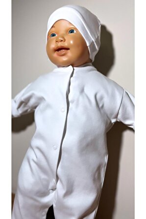 Yeni Doğan Beyaz Şapkalı Eldivenli Düz Bebek Tulum Unisex