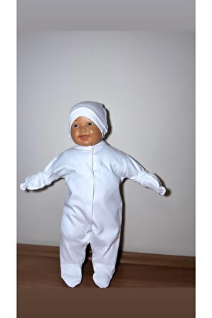 Yeni Doğan Beyaz Şapkalı Eldivenli Düz Bebek Tulum Unisex