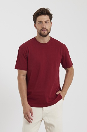 Erkek Comfort Fit Bisiklet Yaka Basic Tişört Bordo