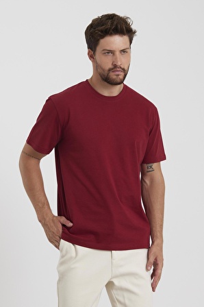 Erkek Comfort Fit Bisiklet Yaka Basic Tişört Bordo