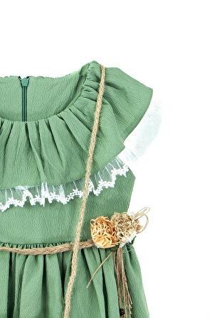 Oppland Kız Çocuk 2-3-4-5 Yaş Çantalı ip Kemerli Yuvarlak Yaka Astarlı Pilili Pamuklu Kumaş Elbise