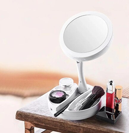 TechTic Katlanabilir Yuvarlak 360° Dönebilen Mike Up Mirror LED Işıklı 10X Çift Taraflı USB + Pilli Makyaj Aynası