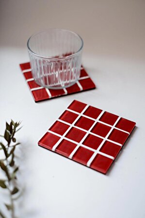 Mozaik Bardak Altlığı-2li Set-Cam Kırmızı