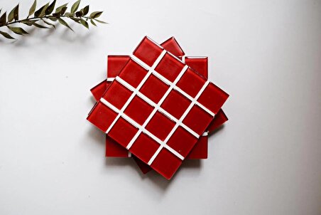 Mozaik Bardak Altlığı-4lü Set-Cam Kırmızı