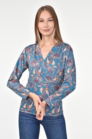 DRR Moda Mikro Kumaş V-Yaka Desenli Bluz